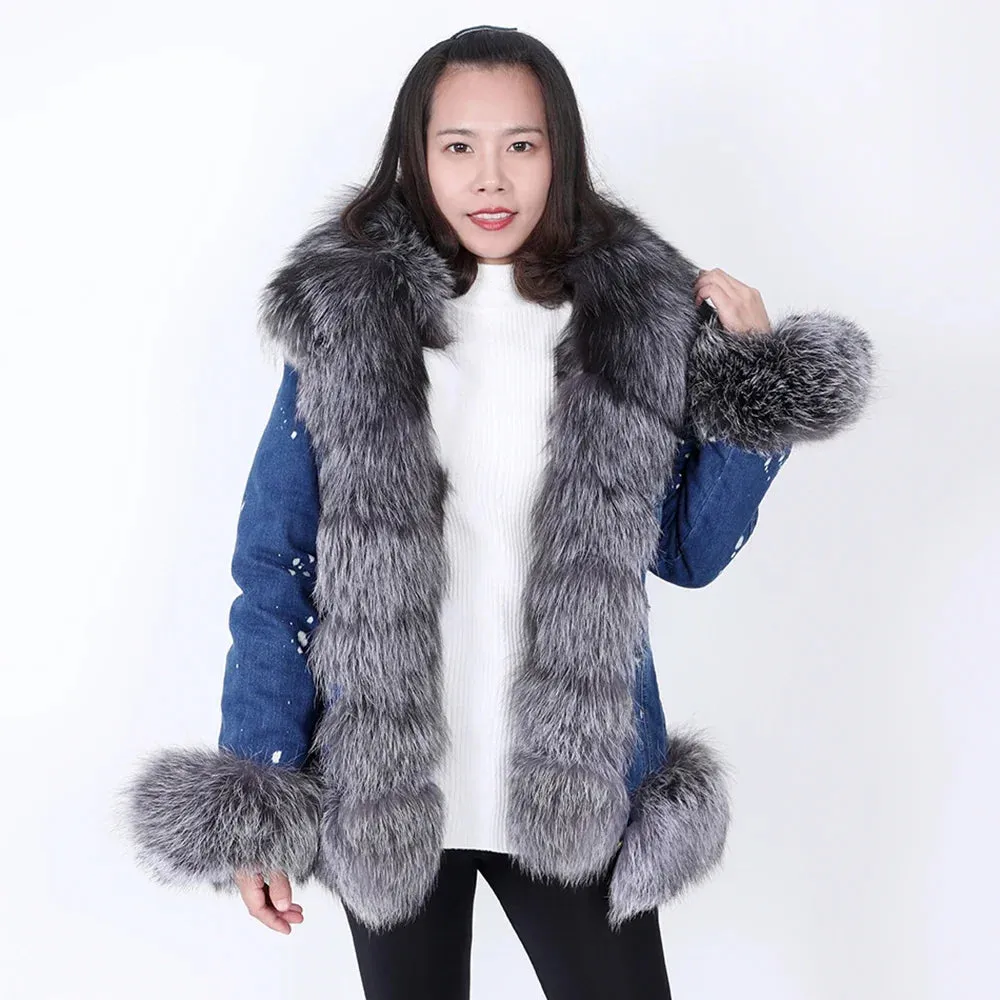 Women's Denim Jacket with Natural Real Raccoon Fur Collar for Winter Warmth