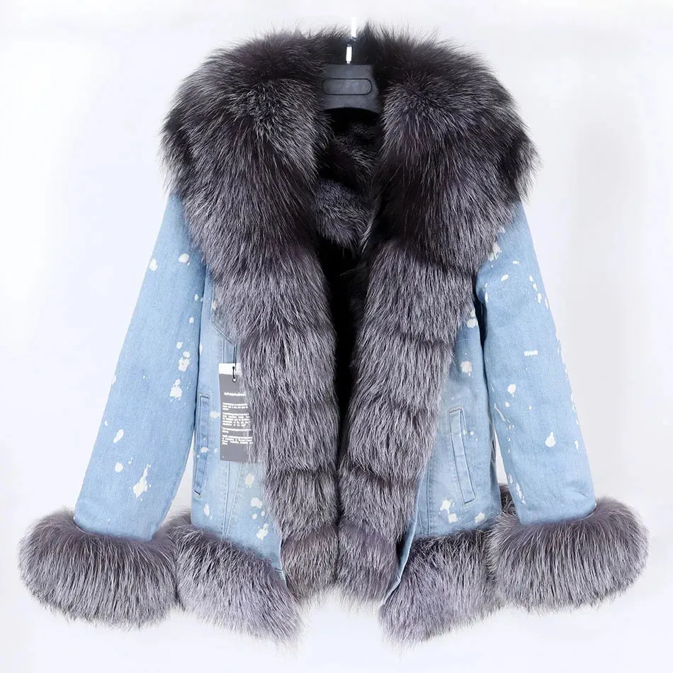 Women's Denim Jacket with Natural Real Raccoon Fur Collar for Winter Warmth