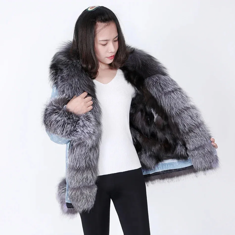 Women's Denim Jacket with Natural Real Raccoon Fur Collar for Winter Warmth