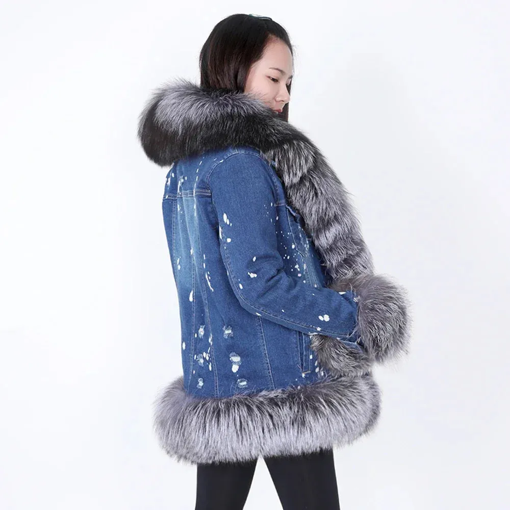 Women's Denim Jacket with Natural Real Raccoon Fur Collar for Winter Warmth