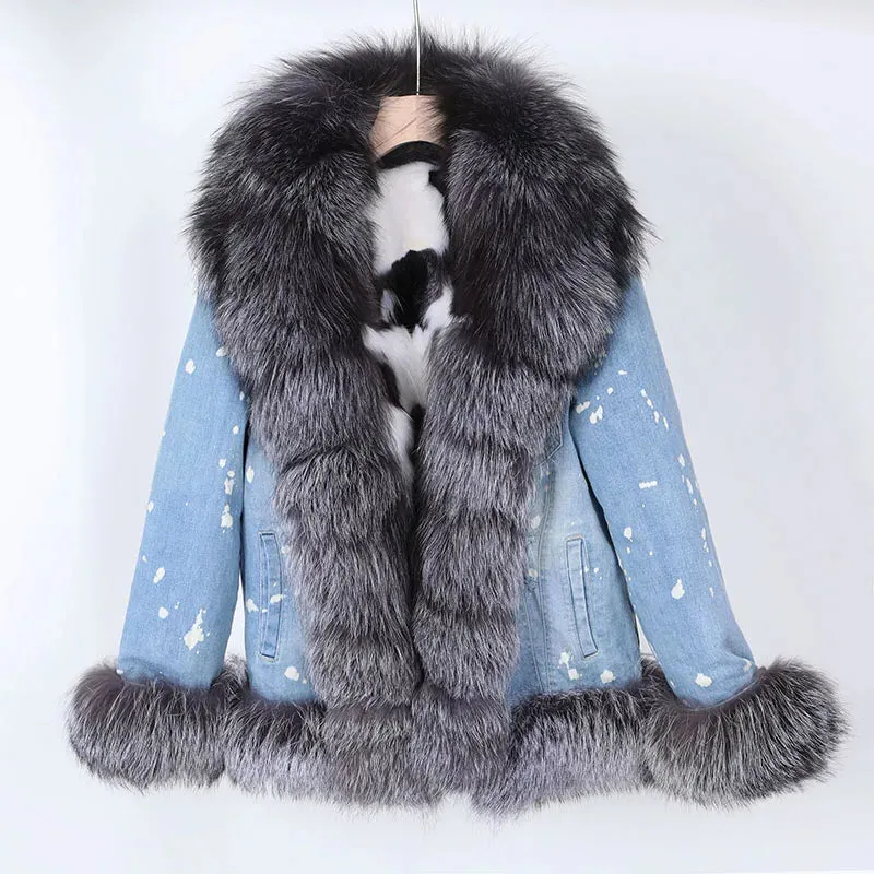 Women's Denim Jacket with Natural Real Raccoon Fur Collar for Winter Warmth