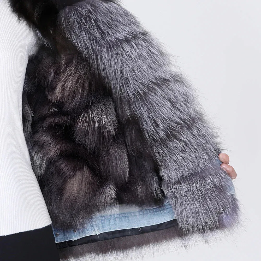 Women's Denim Jacket with Natural Real Raccoon Fur Collar for Winter Warmth