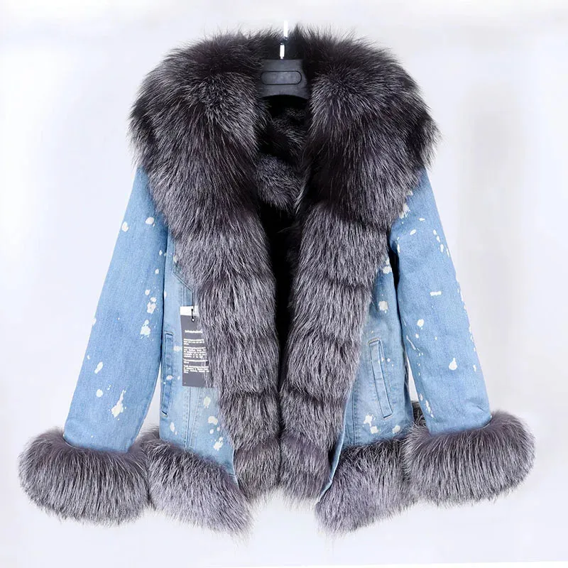 Women's Denim Jacket with Natural Real Raccoon Fur Collar for Winter Warmth