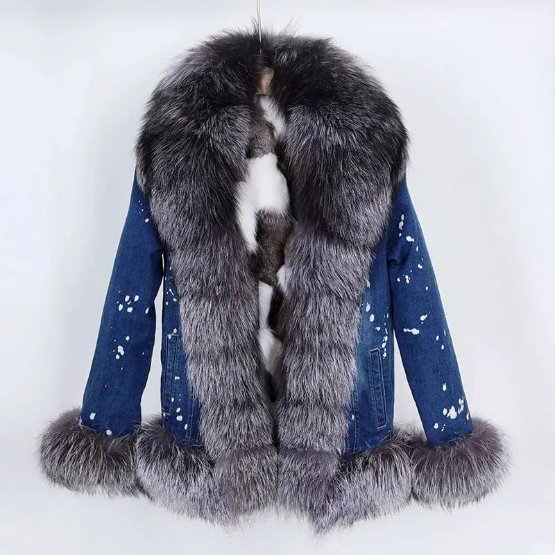 Women's Denim Jacket with Natural Real Raccoon Fur Collar for Winter Warmth