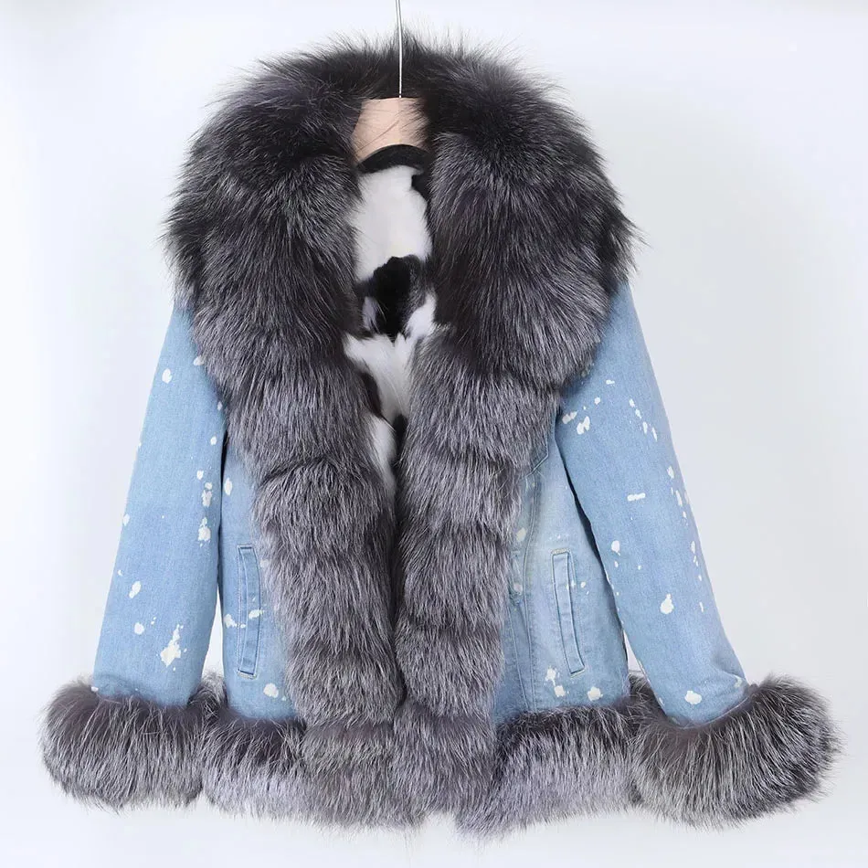 Women's Denim Jacket with Natural Real Raccoon Fur Collar for Winter Warmth