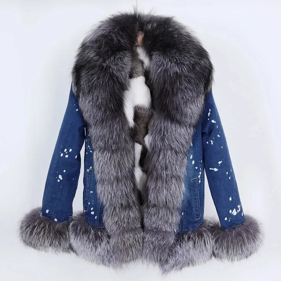 Women's Denim Jacket with Natural Real Raccoon Fur Collar for Winter Warmth