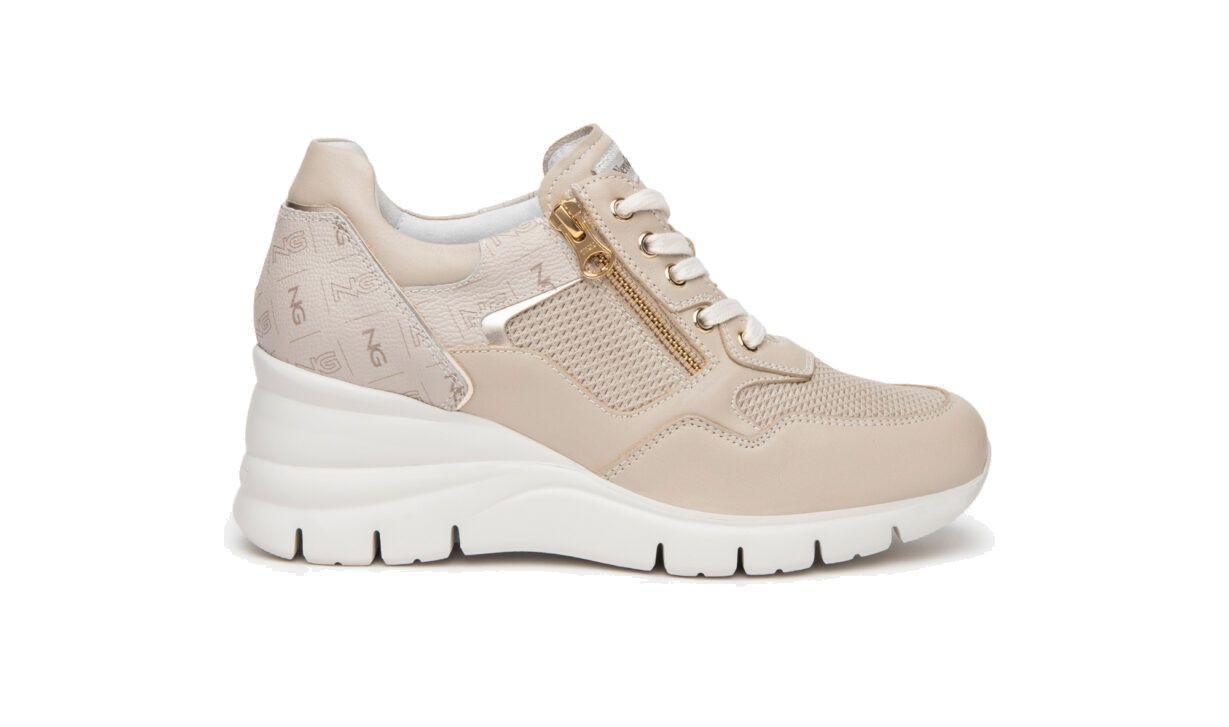 Women's leather and fabric ivory sneakers by NeroGiardini E409880D/702.