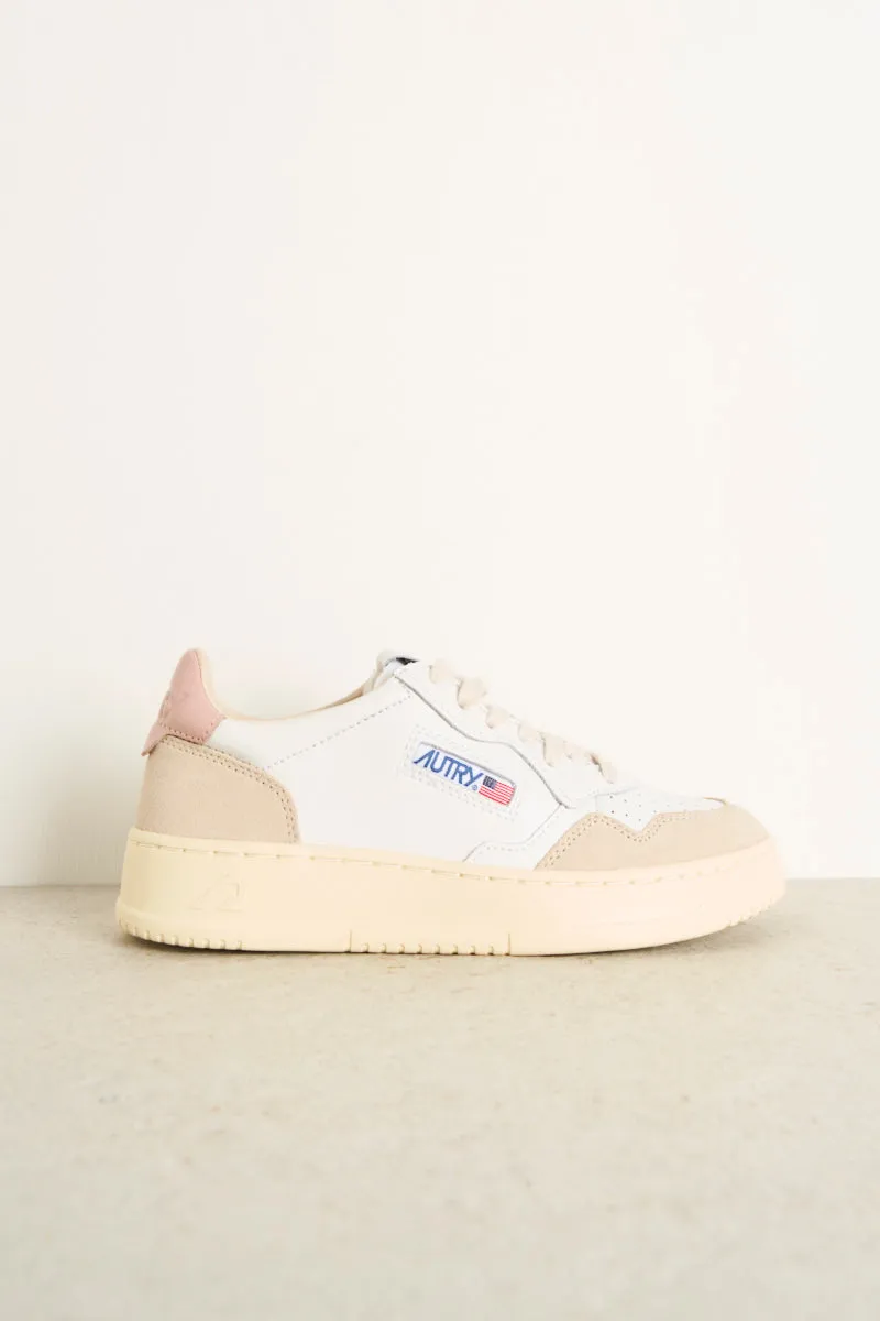 Women's low top leather white and pink sneakers with beige suede.