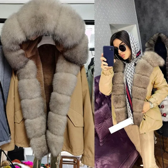 Women's Natural Raccoon Fur Collared Winter Jacket with Full Sleeves