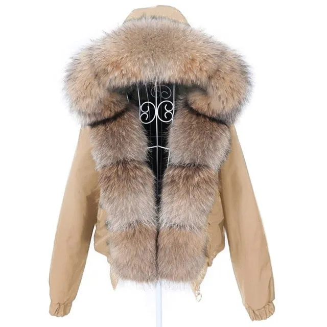 Women's Raccoon Fur Collar Thick Winter Jacket in Khaki Color