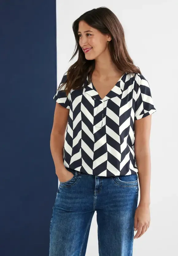 Zig Zag Print Blouse with Elasticated Hem - Navy - Street One