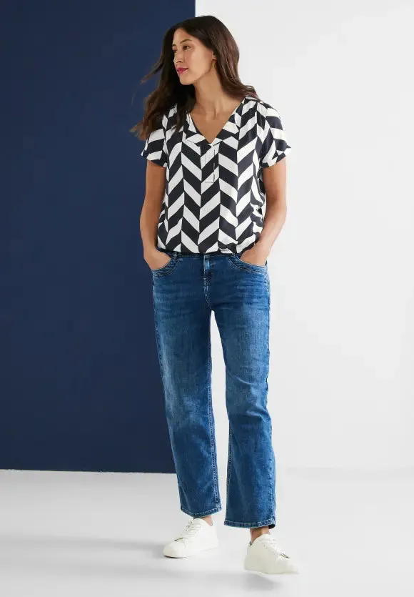 Zig Zag Print Blouse with Elasticated Hem - Navy - Street One