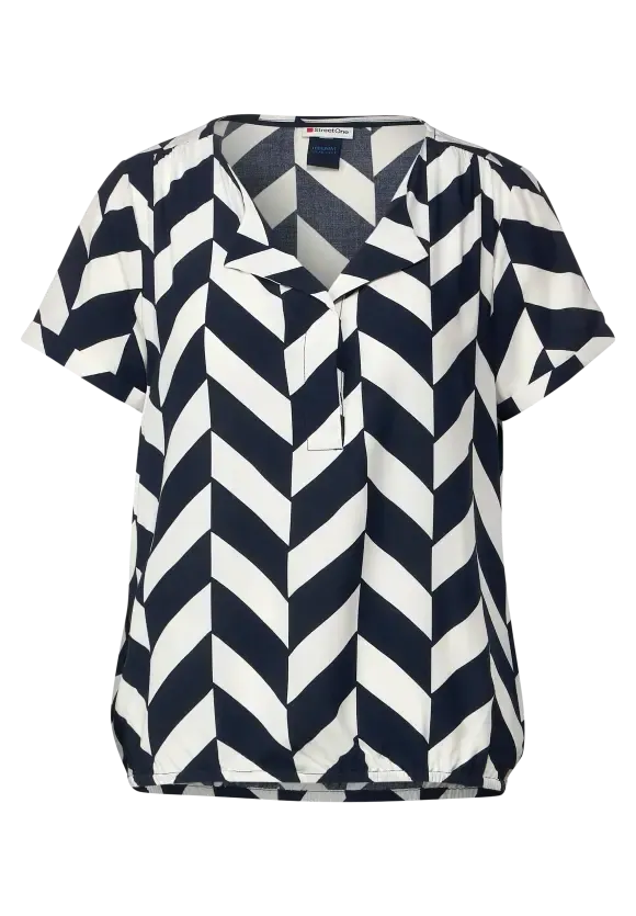 Zig Zag Print Blouse with Elasticated Hem - Navy - Street One